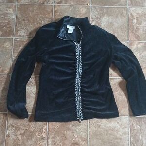 Neiman Marcus Black Velvet Jacket with Clear Glass Embellished Trim Size Medium
